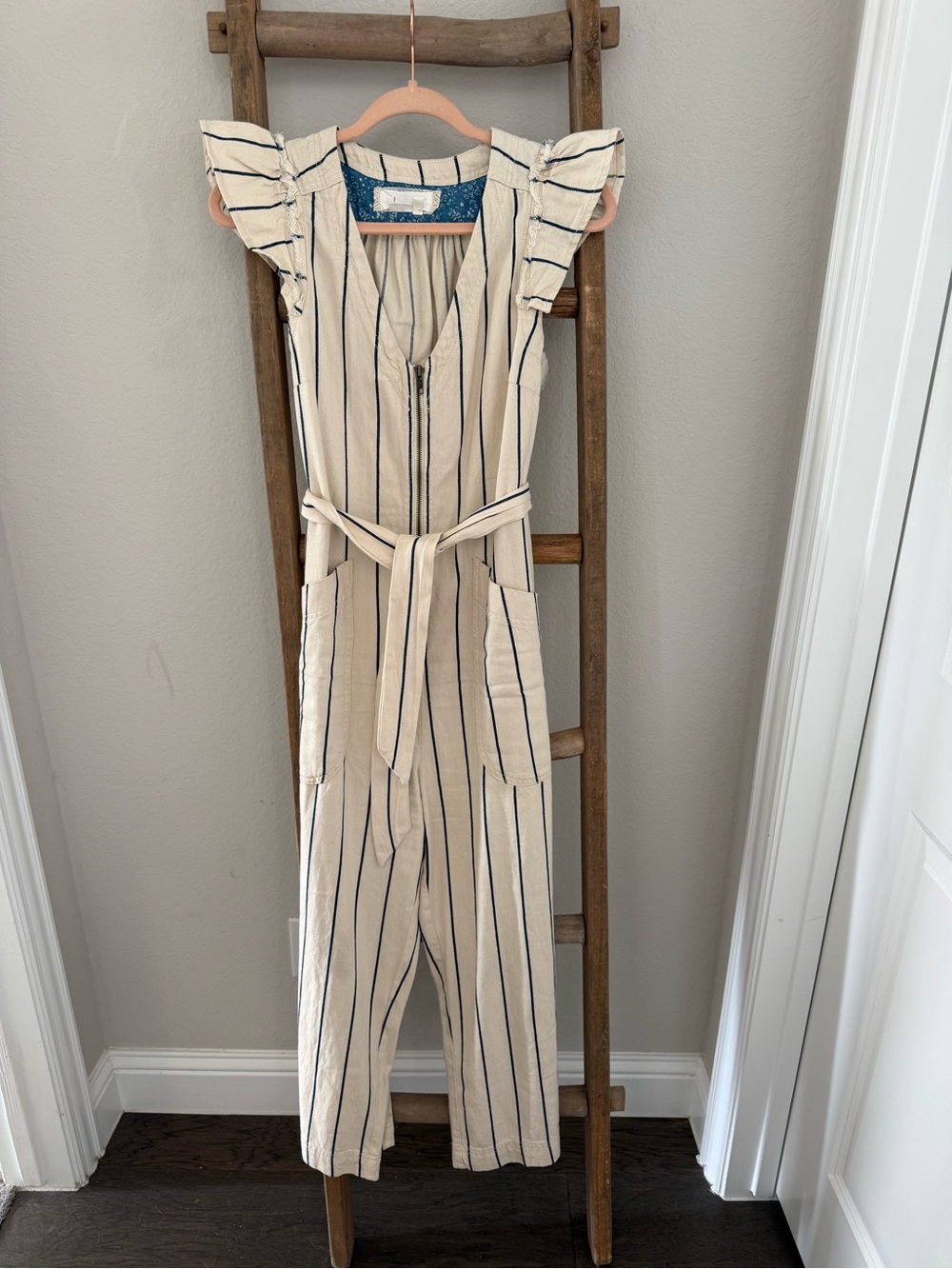 Anthropologie Cream and Navy Striped Ruffle-Sleeve One-Piece